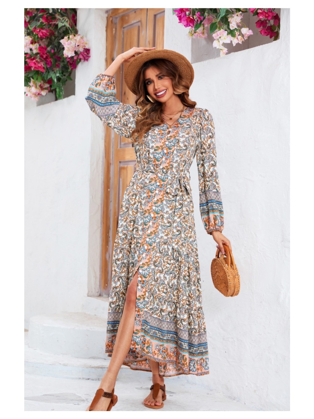 R.Vivimos Women's Long Sleeve Boho Floral Print Ruffle Long Dress XL